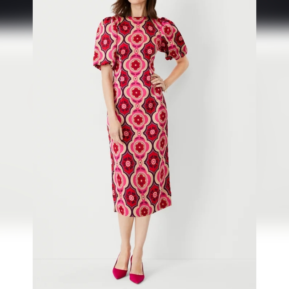 Ann Taylor Petite Geo Puff Sleeve Sheath Dress
